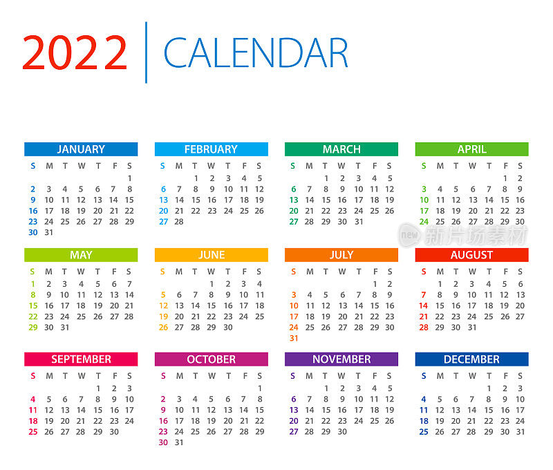 日历2022 -彩色矢量插图。一周从周日开始。